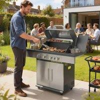 OUTSUNNY 4+1 Burner Gas BBQ Grill, Portable Gas Barbecue Grill in Silver