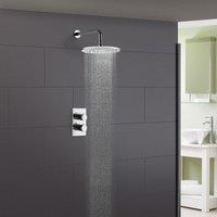 Nes Home Chrome 2 Dial 1 Way Round Concealed Thermostatic Mixer Valve & 200mm Round Shower Head in Silver