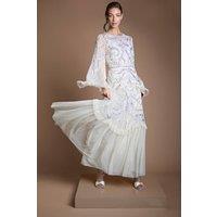 Coast Women's Ruffle Hem Tiered Sequin Long Sleeve Wedding Dress in Ecru | Size: 10