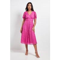 Wallis Women's Petite Lace V Neck Tea Midi Dress in Pink | Size: 14