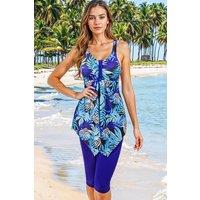 MODISHION Women's Stylish Print Two-Piece Tankini Swimsuit in Blue | Size: 2XL