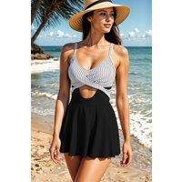 MODISHION Women's Cutout Skirted One-Piece Swimsuit with Crisscross Tie-Back in Jet Black | Size: Medium