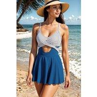 MODISHION Women's Cutout Skirted One-Piece Swimsuit with Crisscross Tie-Back in Blue | Size: Medium