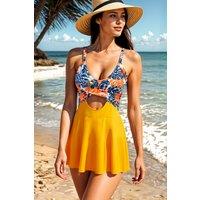 MODISHION Women's Cutout Skirted One-Piece Swimsuit with Crisscross Tie-Back in Yellow | Size: 2XL