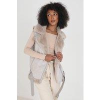 Brave Soul Women's Faux Suede Aviator Gilet With Faux Fur Lining in Light Stone | Size: 14