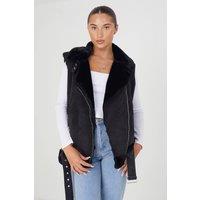 Brave Soul Women's Faux Suede Aviator Gilet With Faux Fur Lining in Black | Size: 10