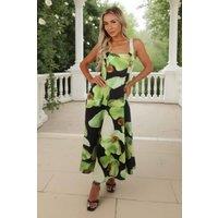 AX Paris Women's Black & Green Floral Print Square Neck A-line Midi Dress | Size: 8