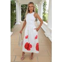 AX Paris Women's Cream Floral Printed Skirt Racer Neck A-Line Midi Dress | Size: 16