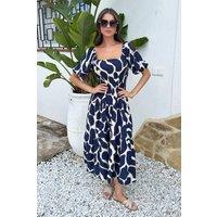AX Paris Women's Navy & Cream Abstract Print Puff Sleeve Smock Midi Dress | Size: 8