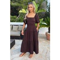 AX Paris Women's Chocolate Puff Sleeve Shirred Waist Smock Midi Dress | Size: 14