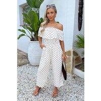 AX Paris Women's Cream & Brown Polka Dot Bardot Frill Culotte Jumpsuit | Size: 14