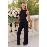 AX Paris Women's Navy Racer Neck Draped Waist Jumpsuit | Size: 12