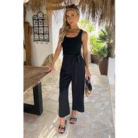 AX Paris Women's Black Ribbed Top Scoop Neck Tie Waist Jumpsuit | Size: 16