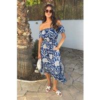 AX Paris Women's Blue Palm Tree Print Bardot Frill Hem Midi Dress | Size: 10