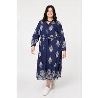 Izabel Curve Women's Curve Baroque Print Maxi Shirt Dress in Navy | Size: 12-14