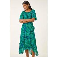 Roman Women's Leaf Print Chiffon Frill Midi Dress in Teal | Size: 16