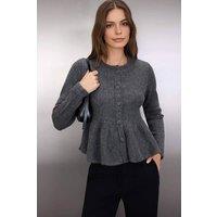 WOVCOR Women's Button Through Peplum Hem Long Sleeve Knit Cardigan in Dark Grey | Size: Medium