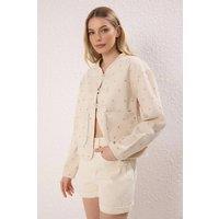 WOVCOR Women's Heart Print Tie Front Quilted Jacket in Beige | Size: Large