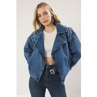 WOVCOR Women's Oversized Denim Biker Style Jacket with Wide Lapel in Blue | Size: Large