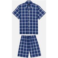 British Boxers Men's "Chester Blue on Blue" Check Crisp Cotton Short Pyjama Set in Dark Blue | Size: 2XL