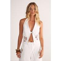 NastyGal Women's Floral Cutwork Tie Front Vest Co-ord in White | Size: 16