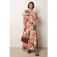 Blue Vanilla Women's Orange V Neck Abstract Leaf Print Dress in Cream | Size: Small