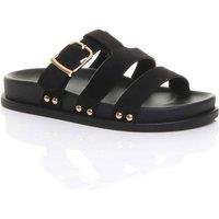 AJVANI Women's Flat Wedge Heel Flatform Buckle T-Bar Strappy Slides Footbed Sandals in Black | Size: 6