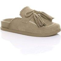 AJVANI Women's Flat Heel Tassel Moccasin Mules Sandals Sliders in Beige | Size: 6