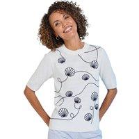 Amber Women's Cornelli Shell Embroidered Short Sleeve Jumper, Fine Gauge Knit in Ivory | Size: 20-22
