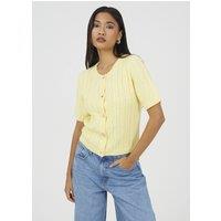 Brave Soul Women's Short Sleeve Cable Knit Cardigan With Shell Buttons in Yellow | Size: Small