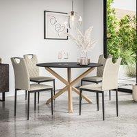 More4Homes Malvern Round Dining Table & Chairs - Black Table Top w Solid Oak Legs + Monza Fabric Dining Chair Set Of 4 in Beige