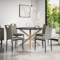 More4Homes Malvern Round Dining Table & Chairs - Black Table Top w Solid Oak Legs + Monza Fabric Dining Chair Set Of 4 in Grey