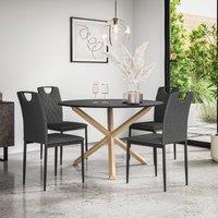 More4Homes Malvern Round Dining Table & Chairs - Black Table Top w Solid Oak Legs + Monza Fabric Dining Chair Set Of 4 in Charcoal
