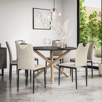 More4Homes Malvern Round Dining Table & Chairs - Black Table Top w Solid Oak Legs + Monza Fabric Dining Chair Set Of 6 in Beige