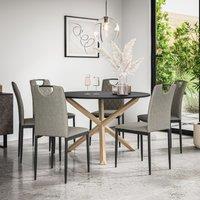More4Homes Malvern Round Dining Table & Chairs - Black Table Top w Solid Oak Legs + Monza Fabric Dining Chair Set Of 6 in Grey