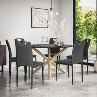 More4Homes Malvern Round Dining Table & Chairs - Black Table Top w Solid Oak Legs + Monza Fabric Dining Chair Set Of 6 in Charcoal