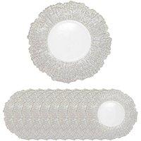 Neel Blue 33cm Set of 12 Charger Plates Crackled Glass Plates for Dinner Table Decoration in Metallic Silver