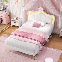 BTM PU Leather Upholstered Bed with LED Adjustable Crown Shape Headboard in White | Size: Single