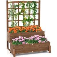 Costway Raised Garden Bed w/Lattice Trellis 2-Tier Wooden Elevated Planter Box in Brown