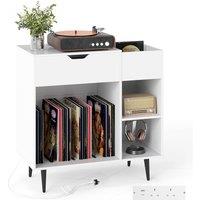 Costway Record Player Stand Wooden Turntable End Table w/ Built-In Power Strip in White