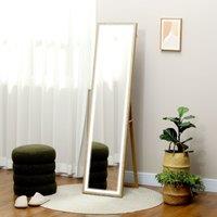 HOMCOM Dimming Full Length Mirror w/ Lights Standing Leaning Wall Mount Oak in Light Oak