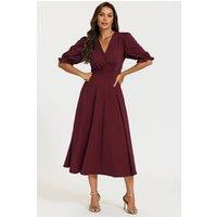 FS Collection Women's Half Sleeves Jersey Midi Dress with Wrap Neckline in Wine | Size: Medium