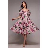 Goddiva Women's Off Shoulder Floral Bow Back A Line Midi Dress in Light Pink | Size: 12