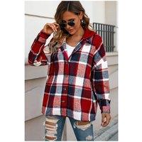 Everyday The Label Women's Red Hooded Plaid Button Front Shacket | Size: 20