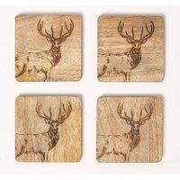 Homescapes Wooden Coaster Set with Stag Design, Set of 4 in Natural