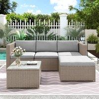 HomeTouch Outdoor Rattan Corner Sofa Set with Glass Top Coffee Table in Khaki | Size: 3 Pack