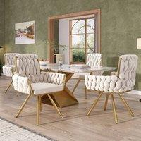 HomeTouch Velvet Upholstered Swivel Kitchen Dining Chairs with Gold Metal Legs in Beige | Size: 6 Pack