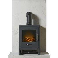 Acantha Fires & Fireplaces Tile Hearth Set in White Marble Effect with Bergen Stove & Angled Pipe