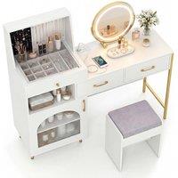 Costway Vanity Desk Set w/ Mirror & Lights Makeup Dressing Table w/ Stool in White