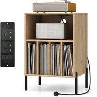 Costway Wooden Vinyl Record Player Stand Turntable Stand w/Charging Station in Natural